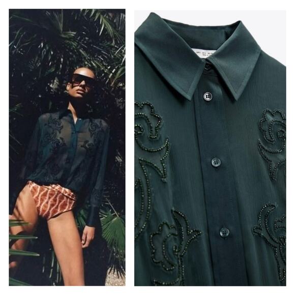 Zara Semi-Sheer Collared Button-Up Blouse Tonal Bead Applique Forest Green Small - Picture 2 of 14